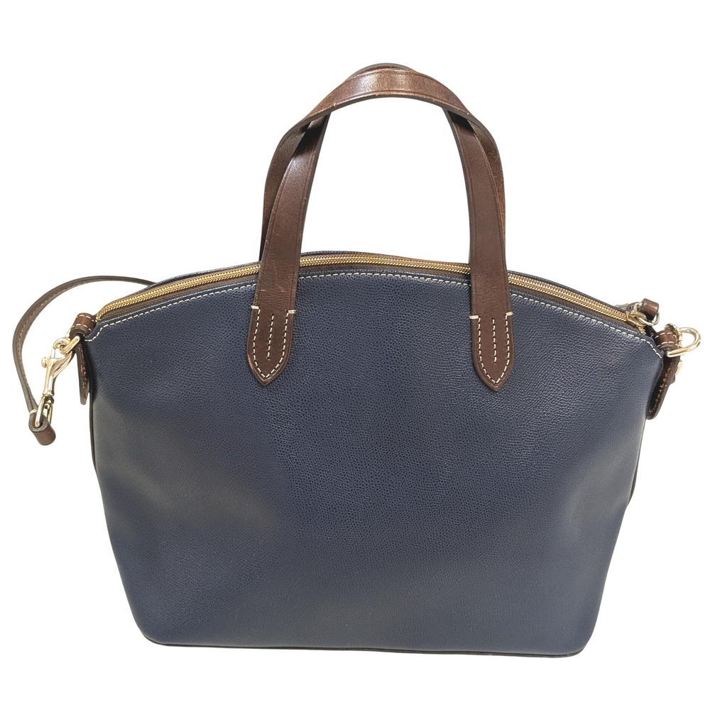 Dooney & Bourke Pebble Grain Leather Zip Top Tote Navy Blue / Brown Crossbody - Picture 3 of 13